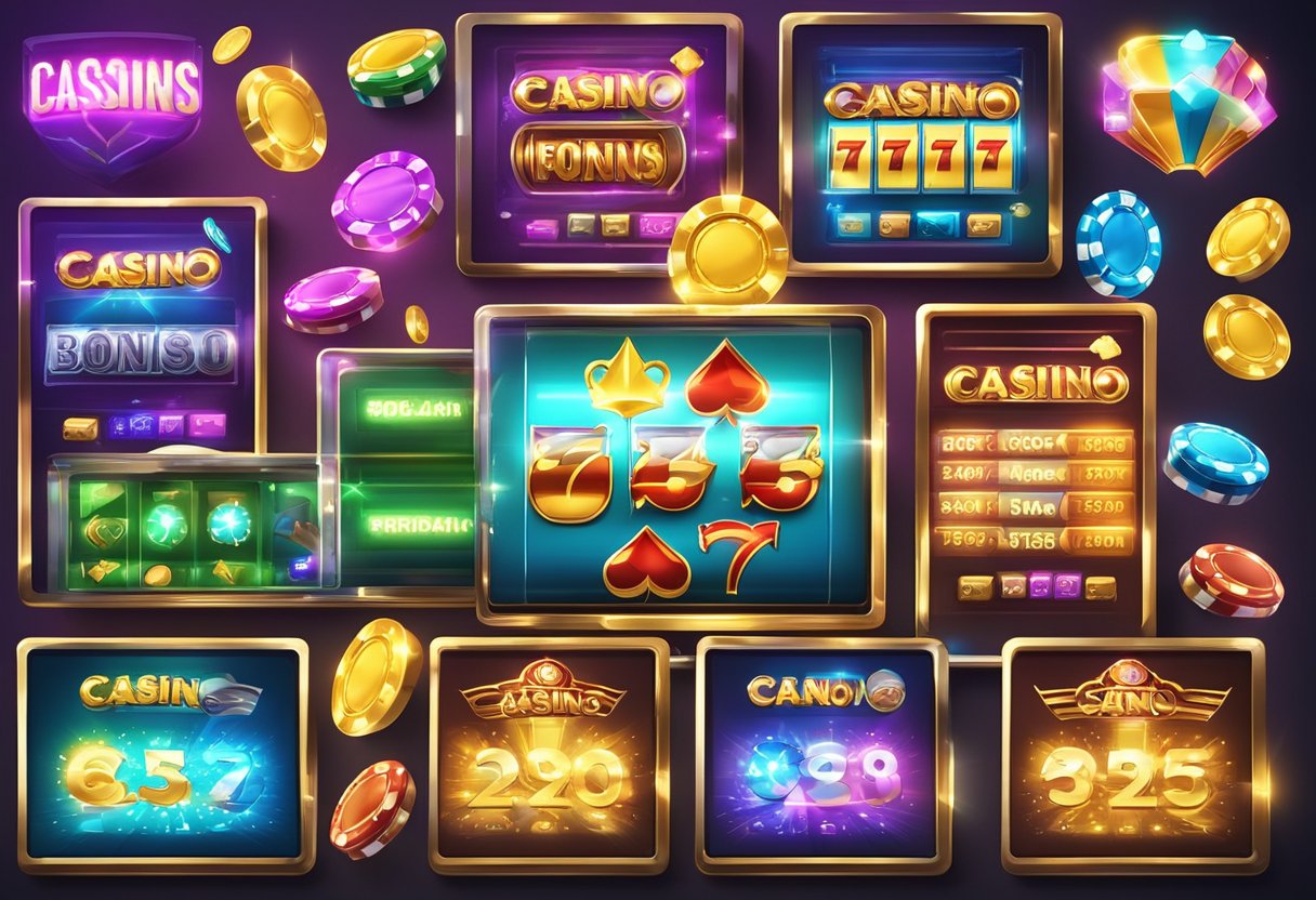 A colorful digital screen displaying various casino promotions with bonus symbols and cash prizes