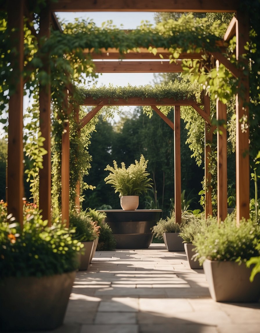 A contemporary pergola stands with geometric design, surrounded by lush greenery and bathed in soft sunlight