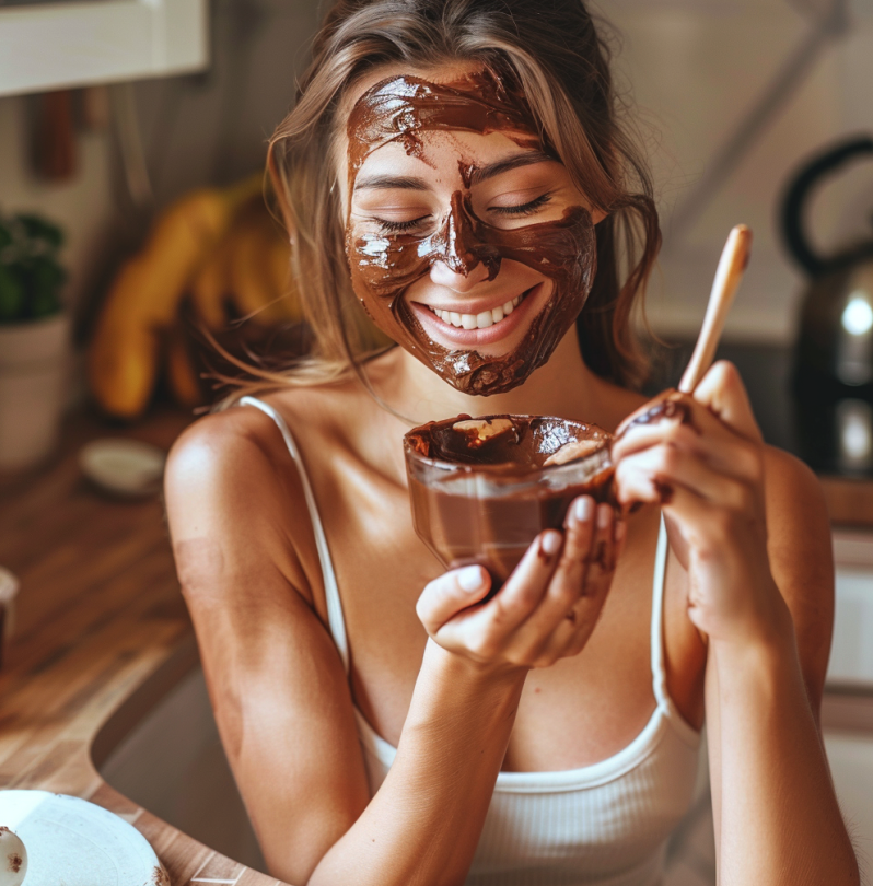 A joyful woman applying a chocolate face mask, smiling broadly with her eyes closed. She's holding a small bowl of the mask mixture and a wooden application tool. Wearing a white tank top, she appears to be in a kitchen setting with warm lighting. The rich, brown mask covers most of her face, emphasizing the indulgent, spa-like experience of homemade skincare.