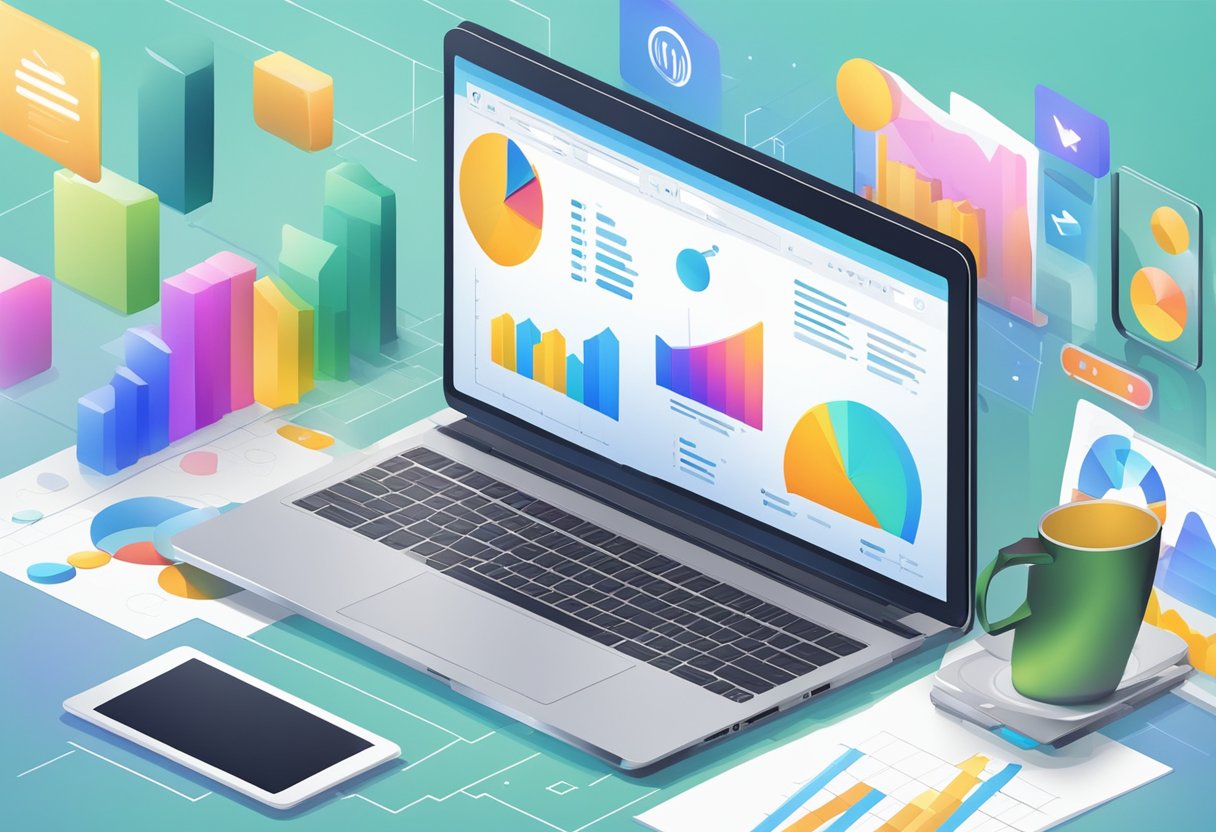 A laptop surrounded by virtual communication tools, with charts showing increasing sales over time