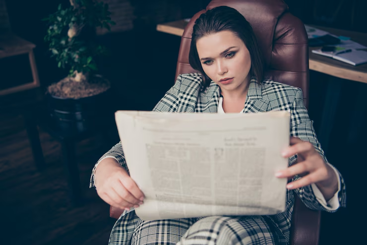 Fashionable businesswoman reading a newspaper