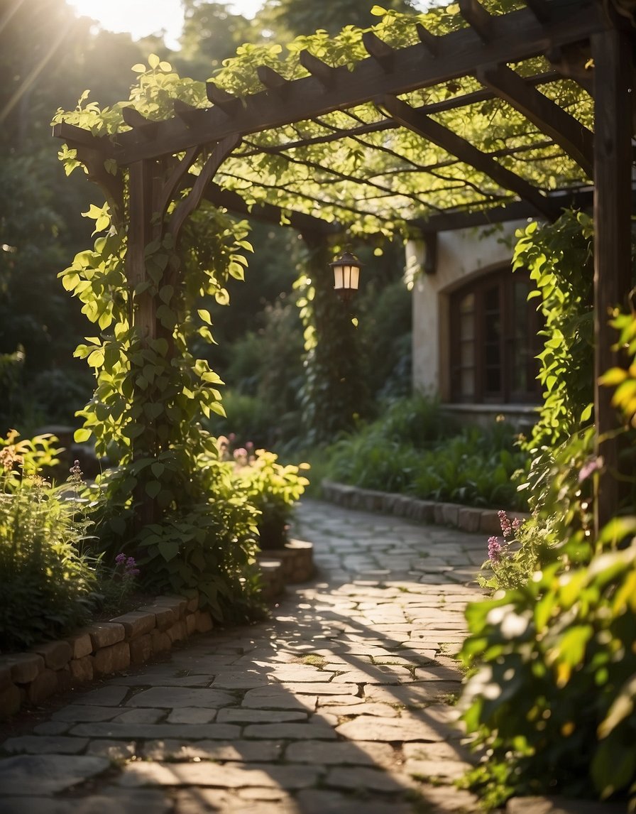 A pergola stands in a lush garden, adorned with climbing vines and flowers. The sun shines through the open roof, casting dappled shadows on the stone pathway below