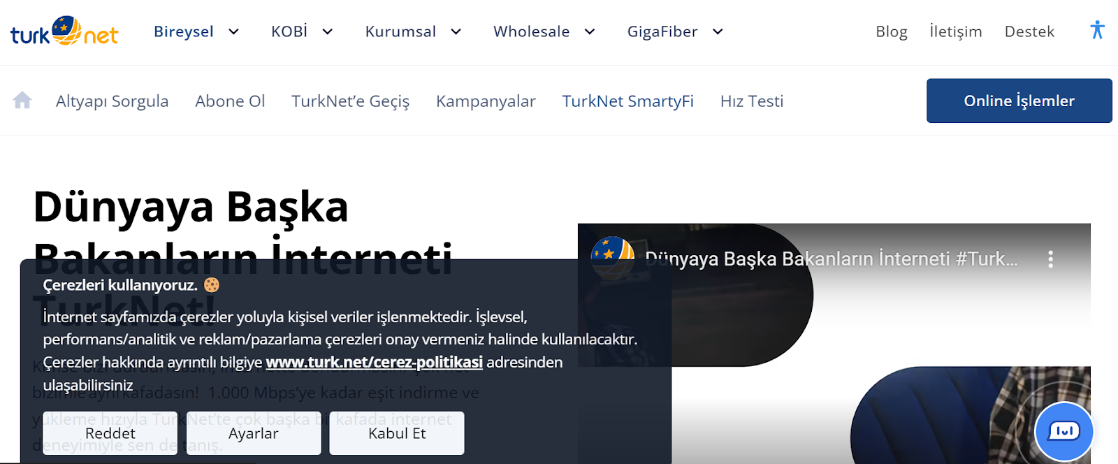 TurkNet website snapshot highlighting the services it offers.