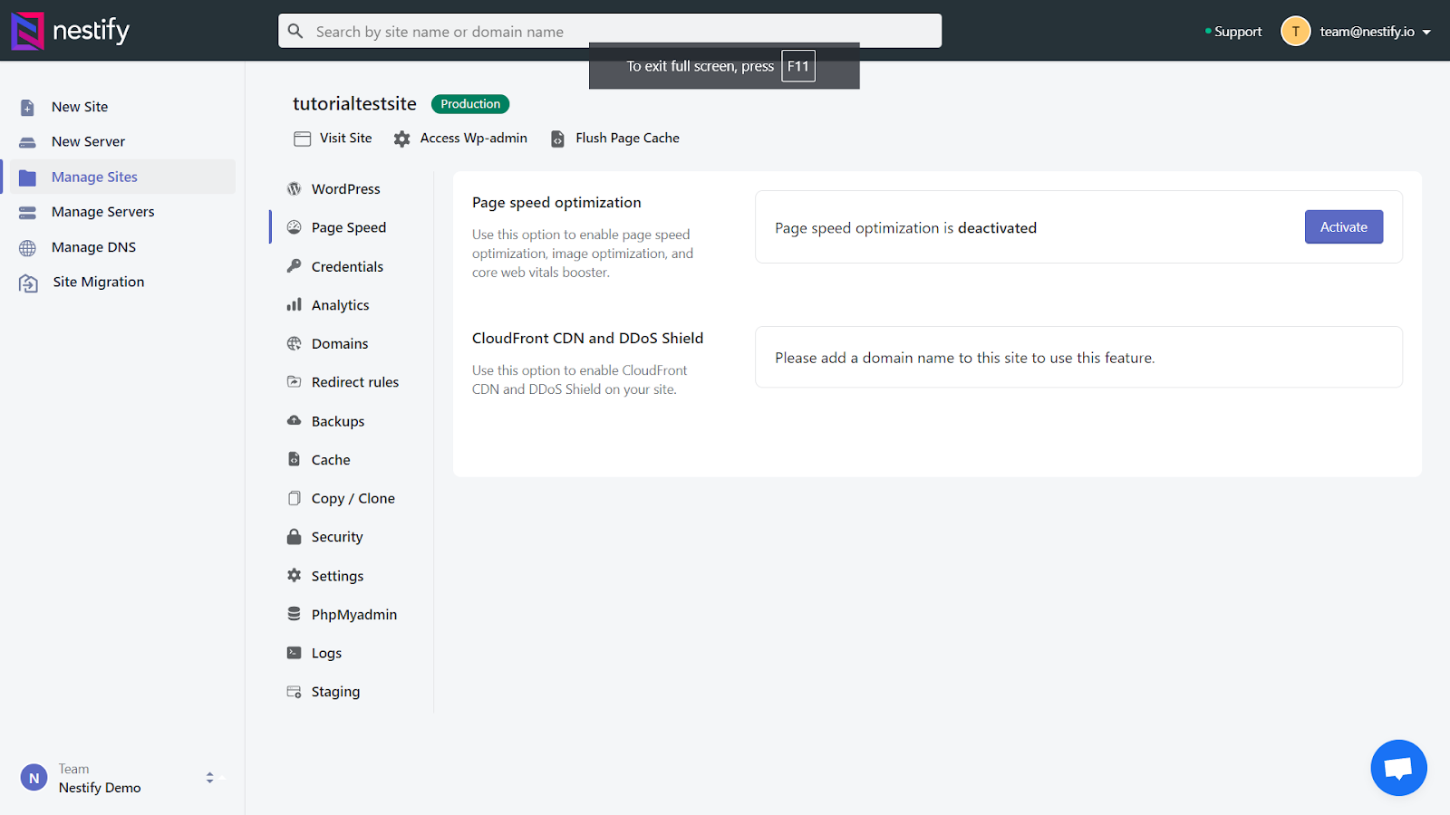 Nestify Website Performance Monitoring Dashboard