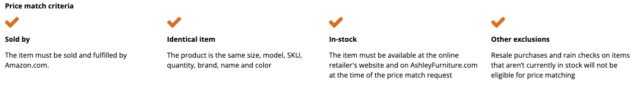 Price match criteria chart from ashleyfurniture.com