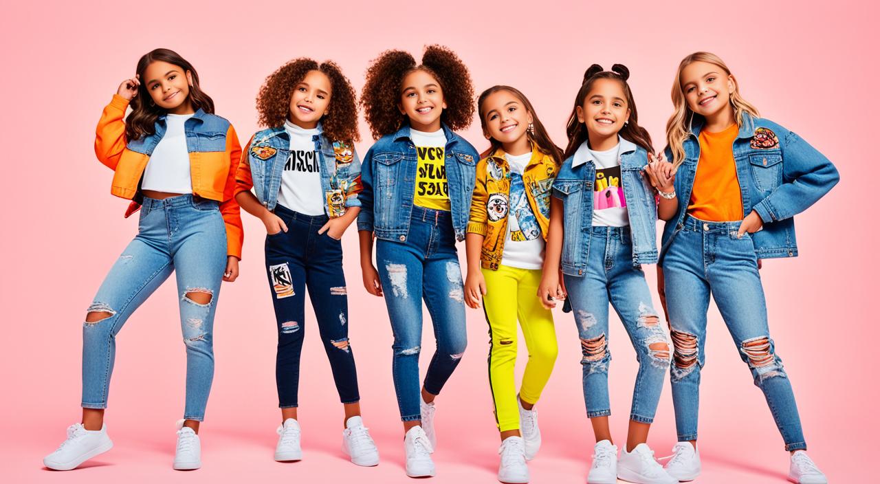 A group of children of different ages, all dressed in stylish and trendy outfits from Fashion Nova Kids. Some children are wearing denim jackets with patches and embellishments, while others are rocking graphic tees and distressed jeans. One child is wearing a bright neon tracksuit, while another is sporting animal prints. They are posing confidently in front of a simple, but colorful backdrop, with the focus solely on their fashionable outfits.