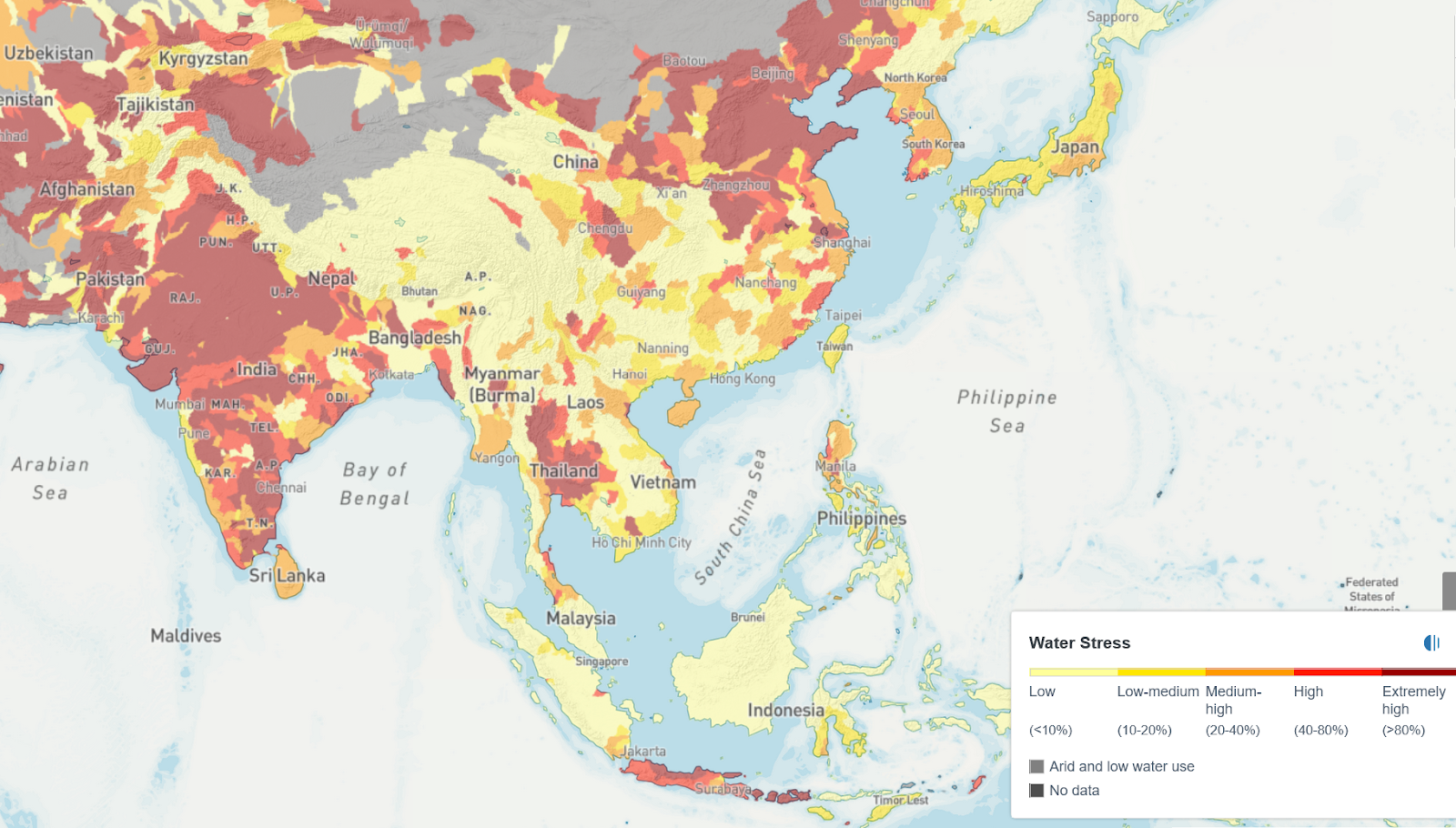 Water Stress Risk in Asia, Source: WRI