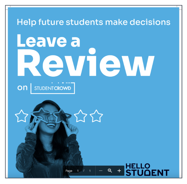 A woman with star sunglasses superimposed on a blue background with text reading 'leave a review on StudentCrowd' for HelloStudent