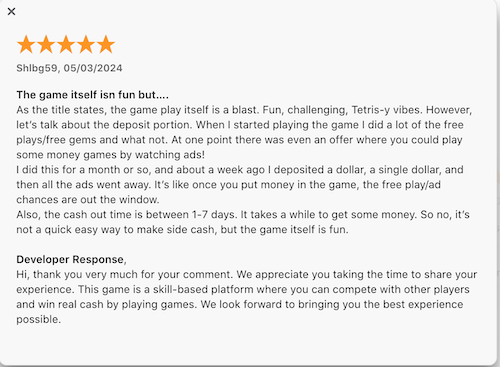 A 5-star Apple App Store review who enjoys the game but didn't like that free opportunities to play in tournaments disappeared once they paid to play. 