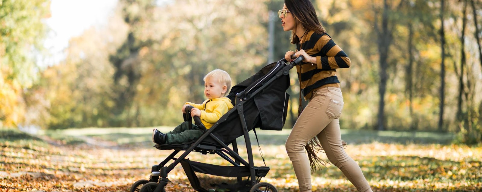 Modern and compact baby stroller in a small home