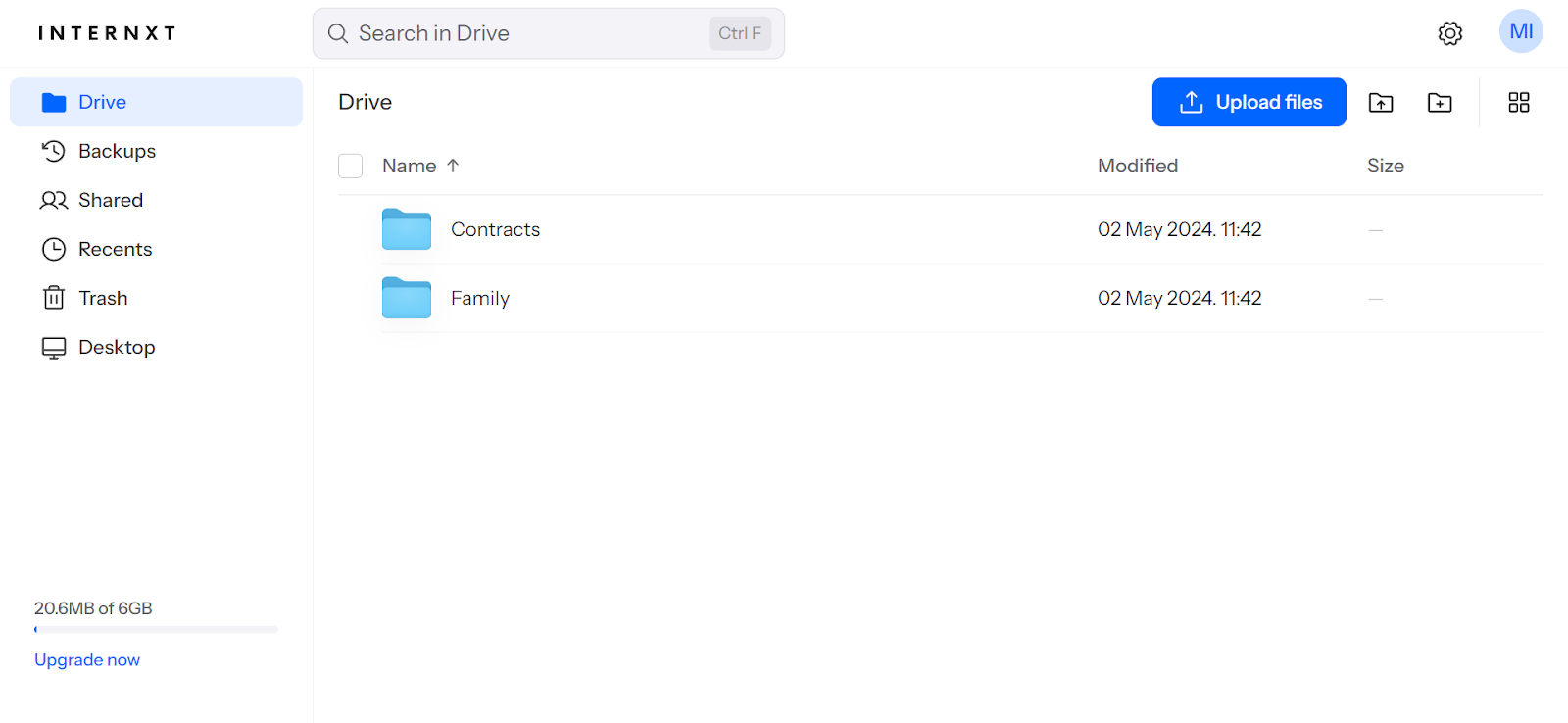 Internxt Drive interface