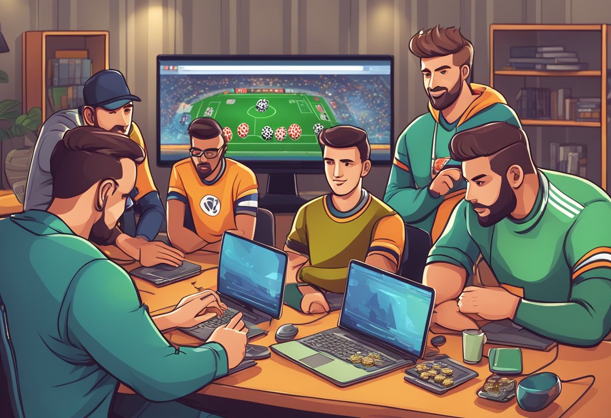 A group of football fans are gathered around a computer, learning the rules for responsible online casino gaming