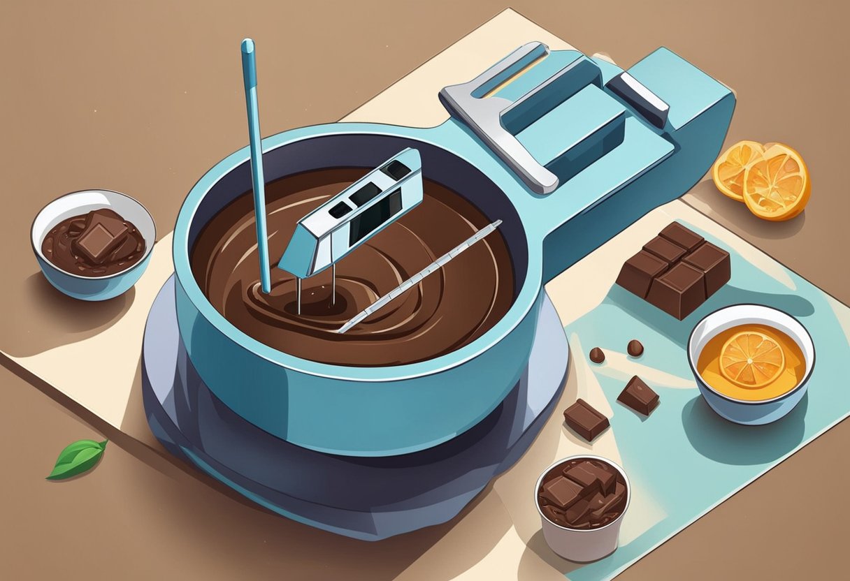 A digital thermometer inserted into a melting pot of chocolate. A measuring cup filled with precisely portioned ingredients on a clean countertop