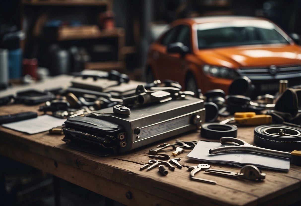 A cluttered workbench with open workshop manual and car owner's manual, tools scattered around, a car in need of repair in the background