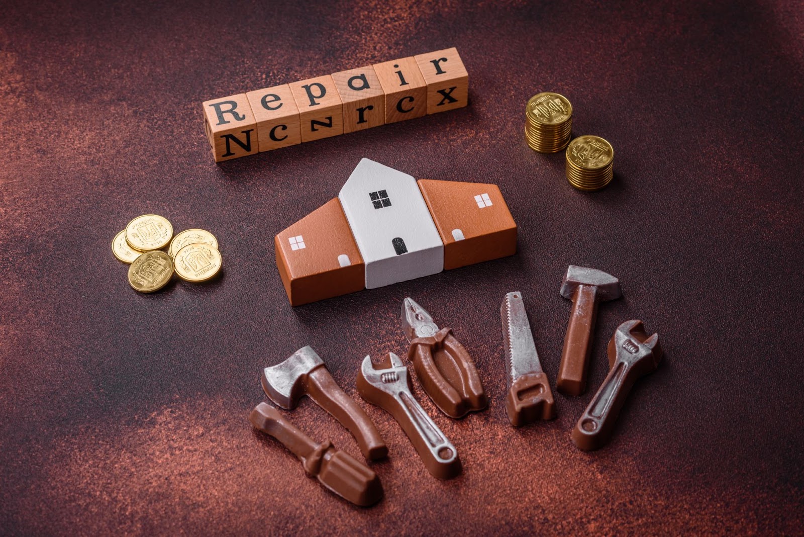 A top view of miniature repair tools, a house model, stacked coins, and alphabet blocks spelling "repair" on a brown background.