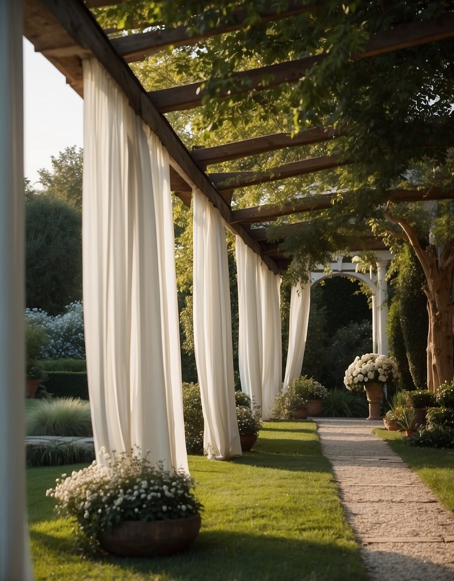 A classic white pergola stands adorned with flowing curtains, creating a serene and elegant outdoor space