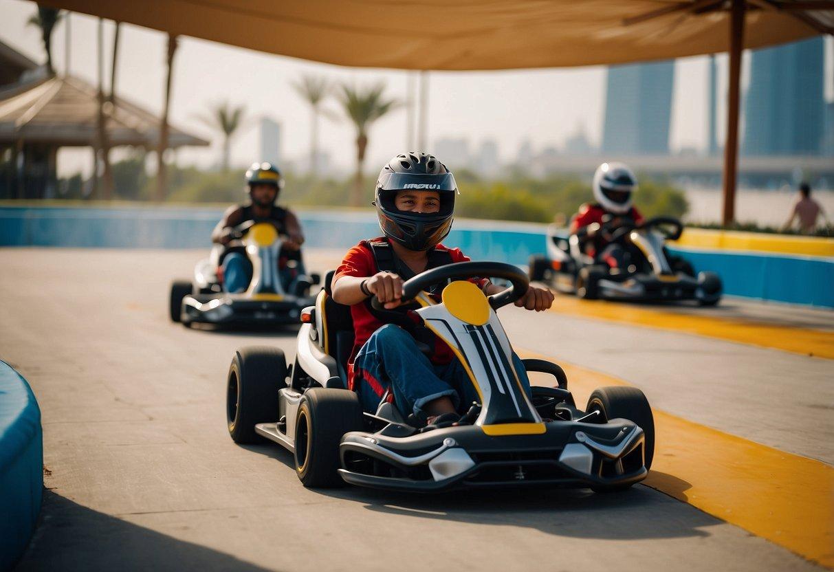 People enjoying go-karting, water park slides, and beach activities on Yas Island