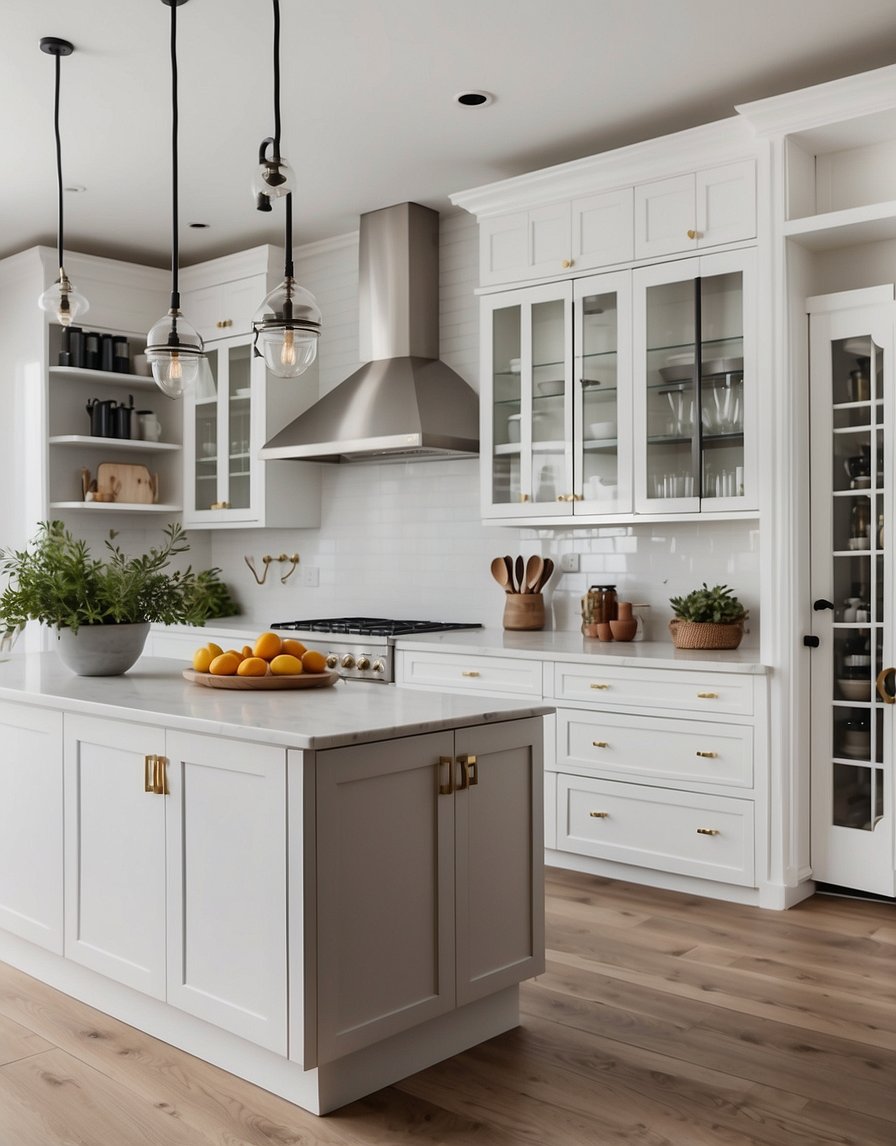 A bright, spacious kitchen with white cabinets, sleek hardware, and a clean, modern design. The cabinets are arranged in a classic layout, with ample storage and a timeless aesthetic