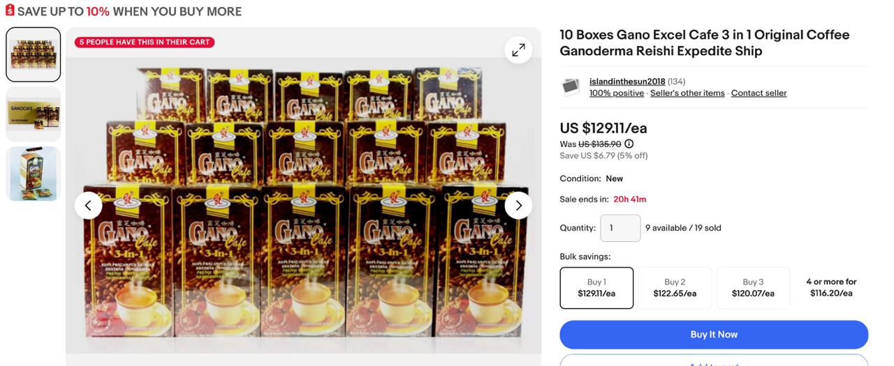 Seller dari negara ini turut mendapat tempias untung apabila berjaya jual 19 unit item Gano Excel Coffee pada harga USD 129.11 @ RM606.92 sen per item sejak 30 hari lalu di eBay USA  