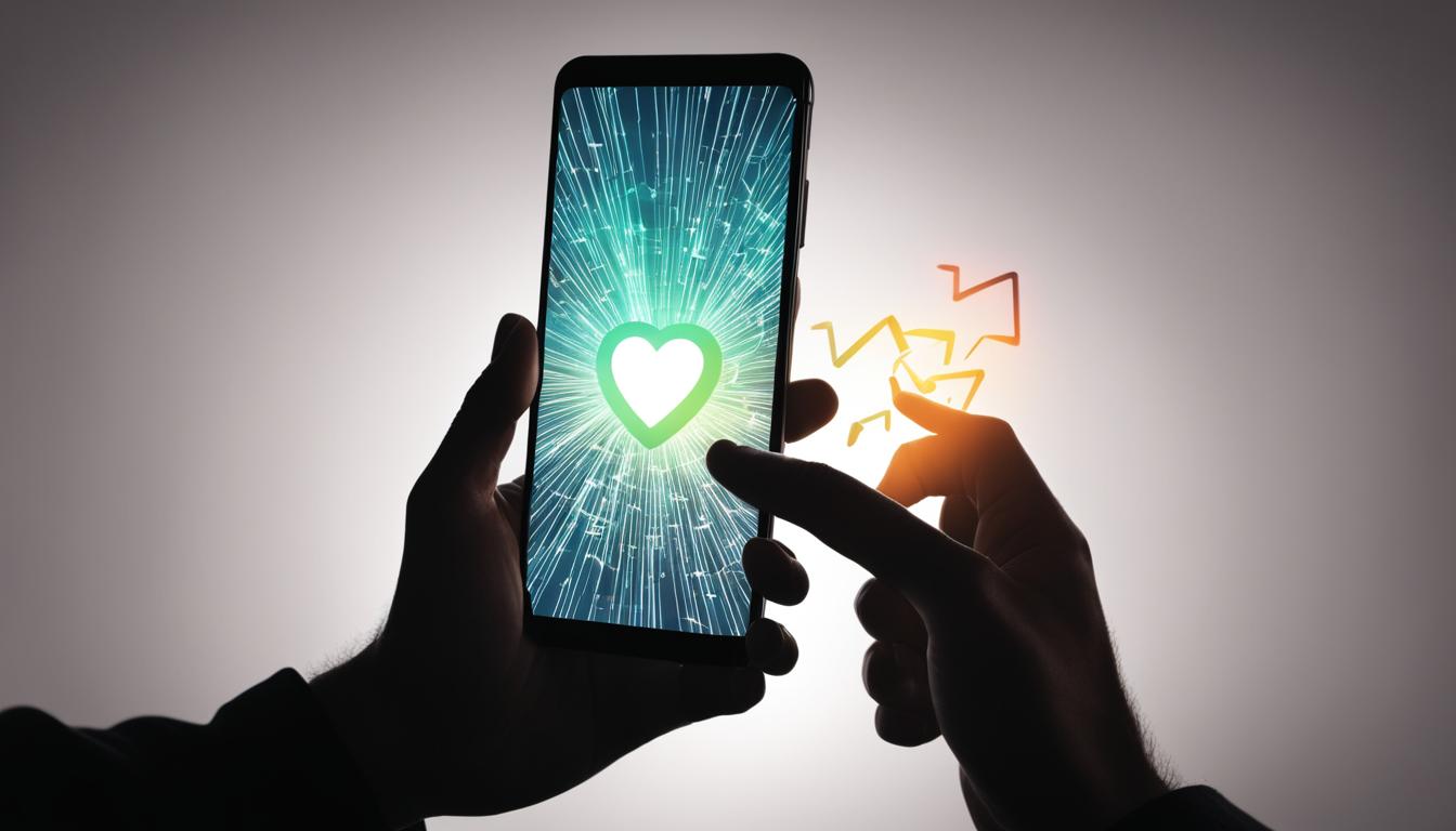 A visualization of positive energy flowing from the hands into a smartphone screen, with the silhouette of a person texting their crush on the other end.