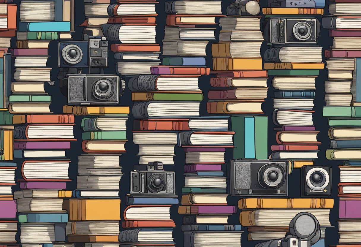 Celebrities' biographies: a stack of books with famous names on the spines, surrounded by paparazzi cameras and microphones