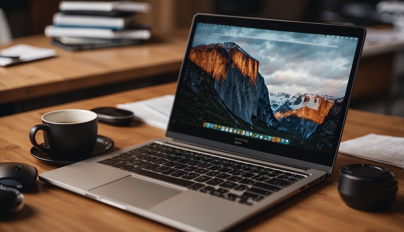 A pile of products sits on a table, with a laptop open to the Amazon FBA page. A person ponders the decision, weighing the pros and cons