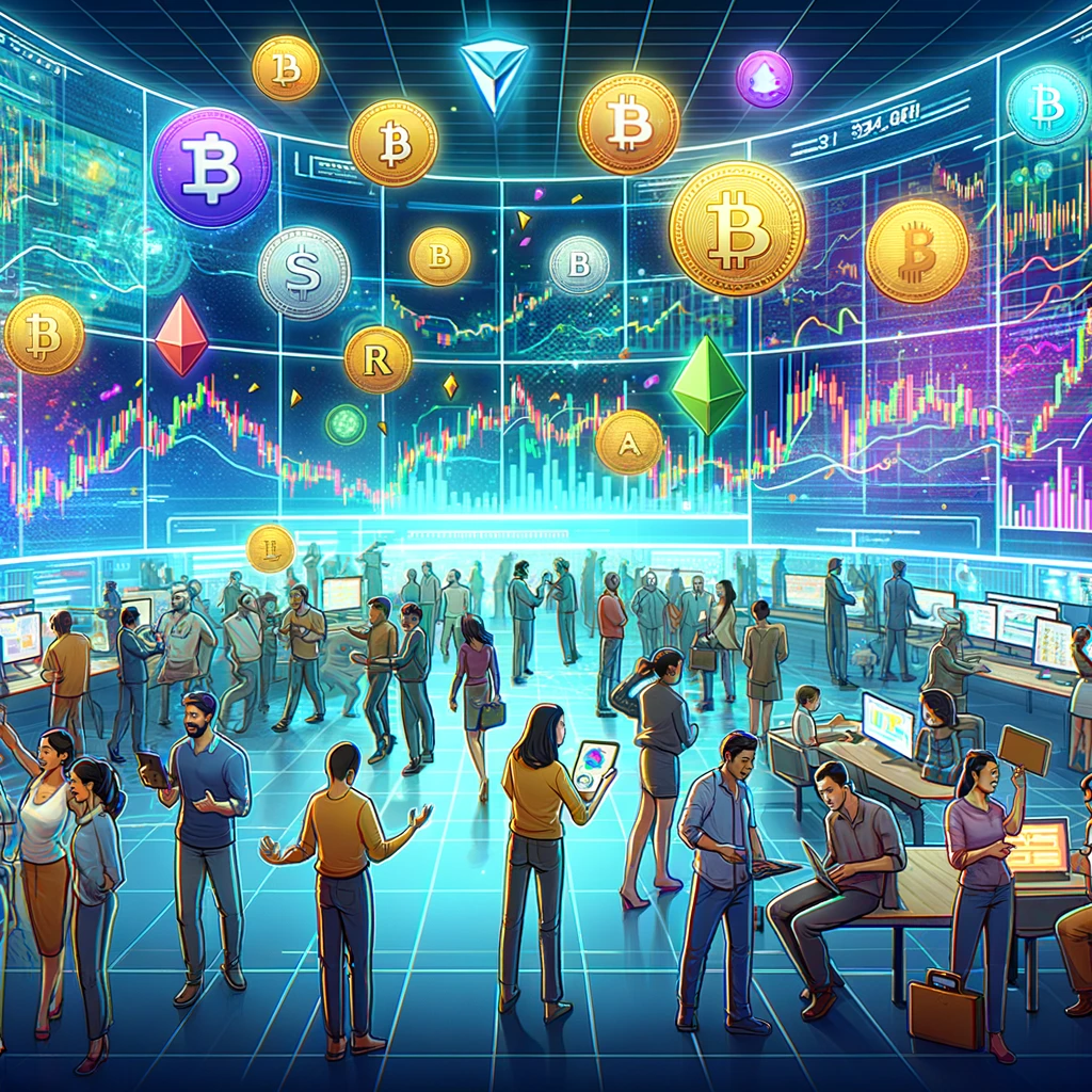 an image depicting the vibrant and dynamic concept of the crypto market, featuring individuals engaging in cryptocurrency-related activities.