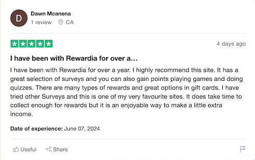 A 5-star Trustpilot review from a Rewardia user of over a year who highly recommends the platform because of the great selection of surveys as well as the games and quizzes.