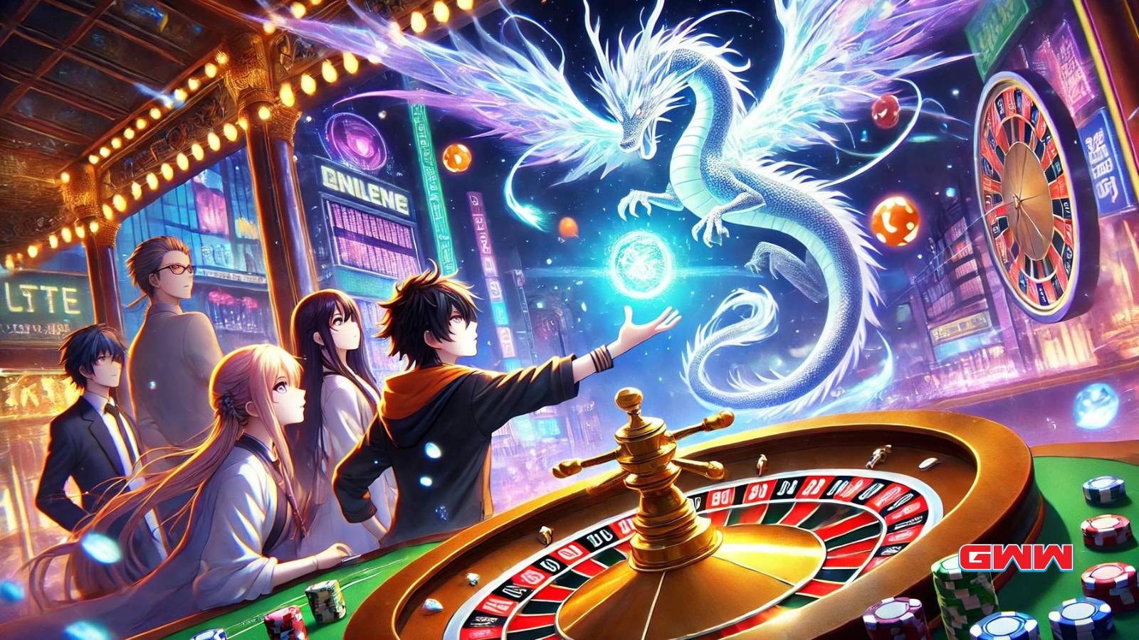 A captivating anime scene depicting characters trying to obtain a mystical dragon and a magical ball in an anime roulette game.