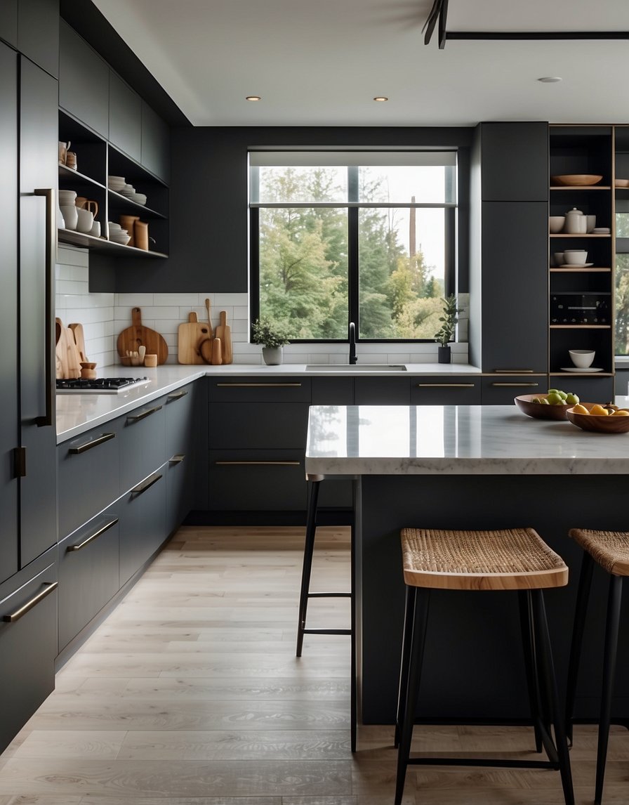 A modern kitchen with graphite-colored cabinets, sleek hardware, and a minimalist design. Light streams in from large windows, illuminating the clean, sophisticated space