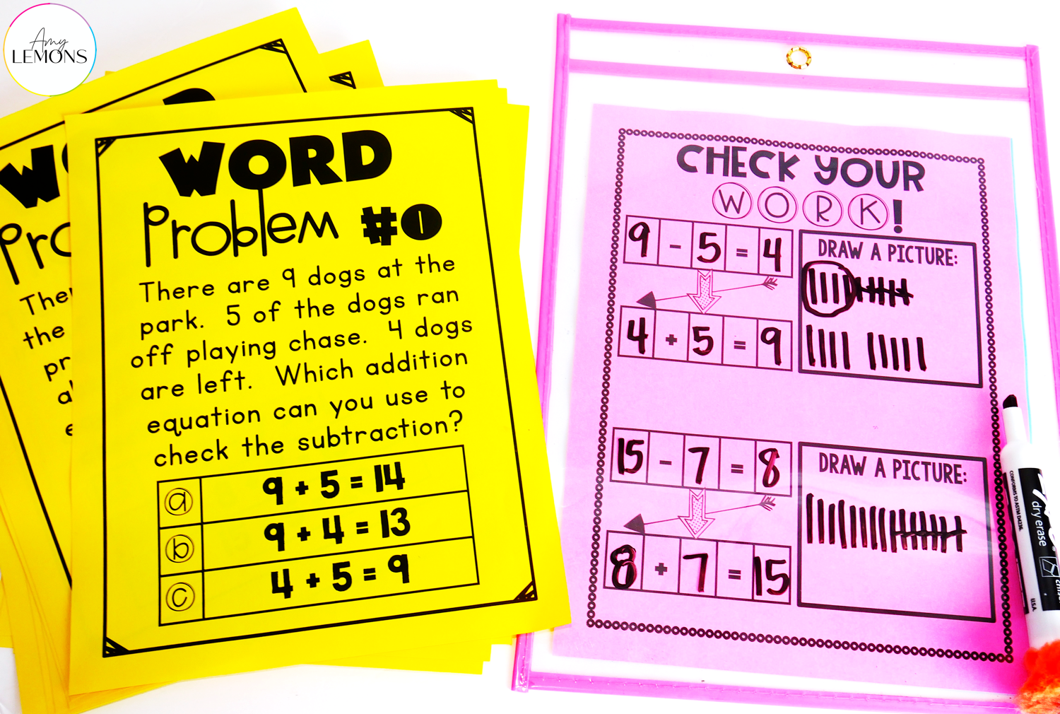 Use dry erase pockets to cover word problem printables 