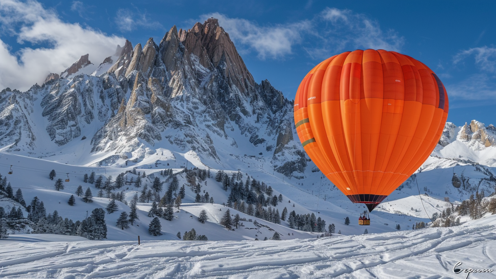 A hot-air balloon with the snow-covered mountains of Courchevel in the background