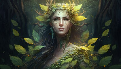 The image showcases a divine being with green eyes adorned in garments made of foliage and entwined vines.