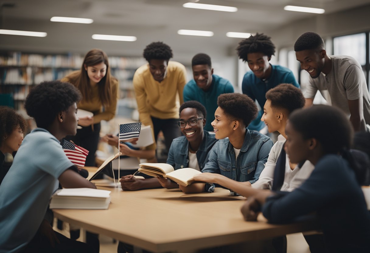 A diverse group of students from around the world gather in a university setting, exchanging ideas and learning from each other's cultures. The scene is filled with books, globes, and flags representing various countries