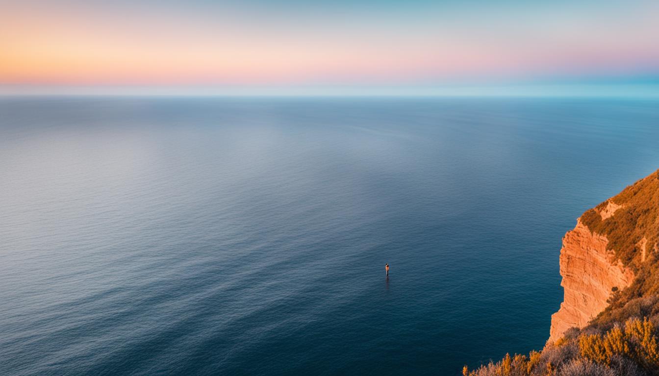 An image of a person standing at the edge of a cliff overlooking a vast ocean, with their back turned towards the viewer. The person's body language should reflect a sense of detachment, as they gaze out into the horizon with calmness and serenity. The sky above them should be painted in warm hues of orange and pink, symbolizing the power of love and manifestation. The ocean below should be calm and tranquil, representing the peaceful state of mind that detachment brings. Incorporate elements such as birds flying freely in the sky and waves gently lapping against the shore to enhance the feeling of detachment and allow the viewer to drift away in contemplation.