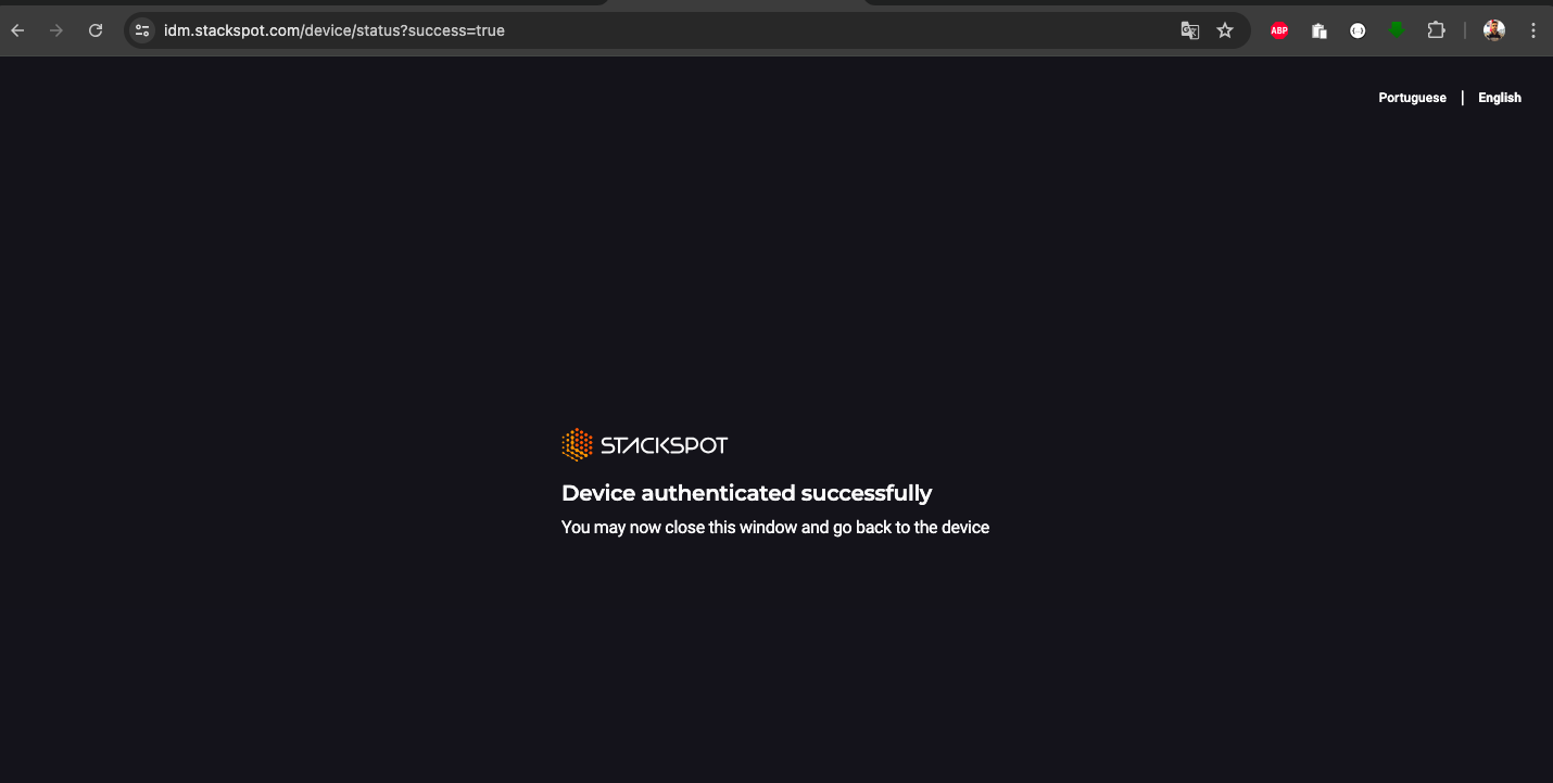 Image from the article on automated Rest API testing. The site is confirming acceptance of permissions to use the StackSpot AI Plugin, where in the open photo, we have the site with the confirmation message "Device Authenticated Successfully," and we are ready to use the plugin in the IDE.