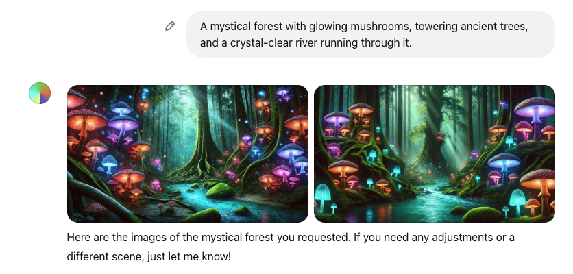 ChatGPTのDALL-E3を使って生成した神秘的な森の画像