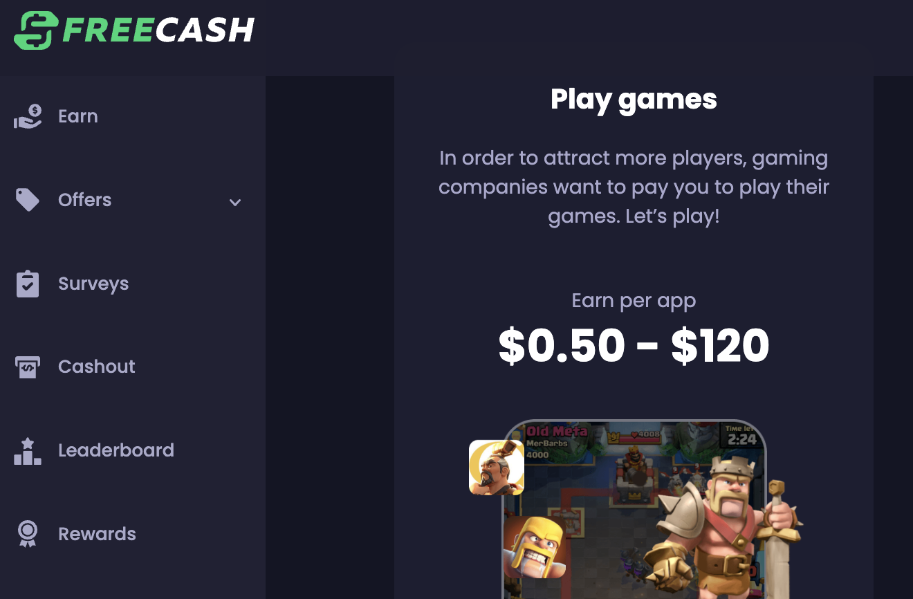 The Freecash website offering rewards from $0.50 to $120 for playing games. 