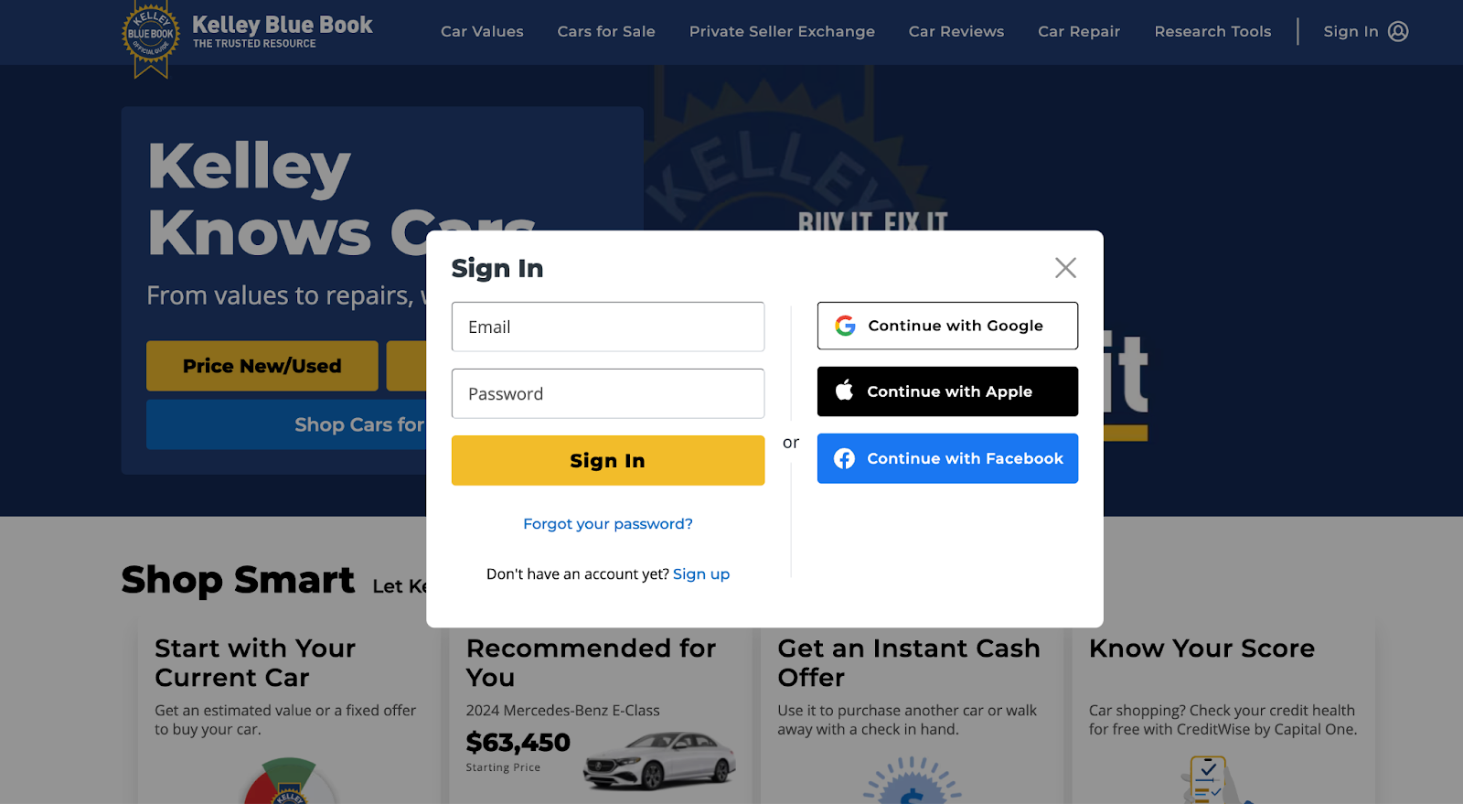 Kelley Blue Book homepage