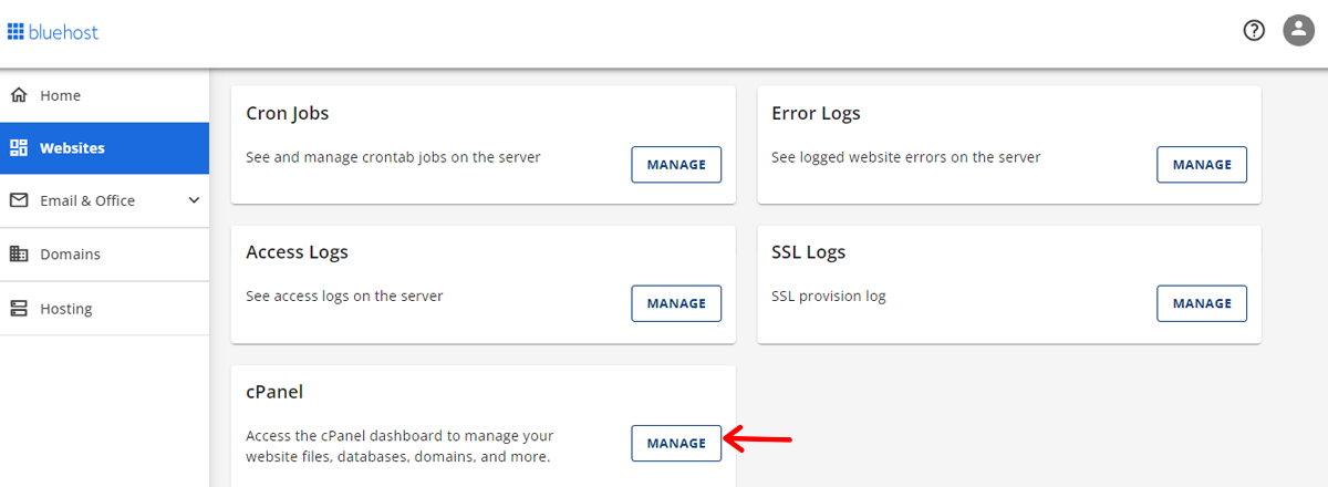 Manage cPanel from Bluehost Dashboard