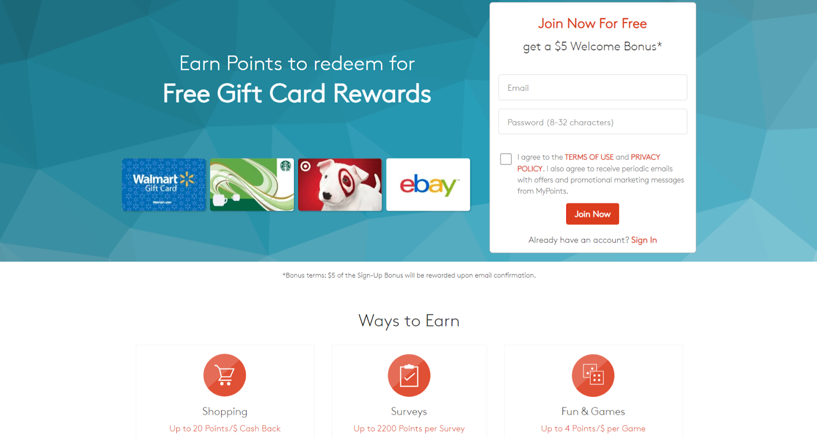 The MyPoints website offering user the opportunity to earn points to redeem for free gift card rewards to brands including Walmart, Starbucks, Target, and eBay. 