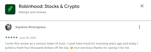 A 5-star Robinhood review from a user who trusts the app and has earned $4,000 after investing with it years ago.  