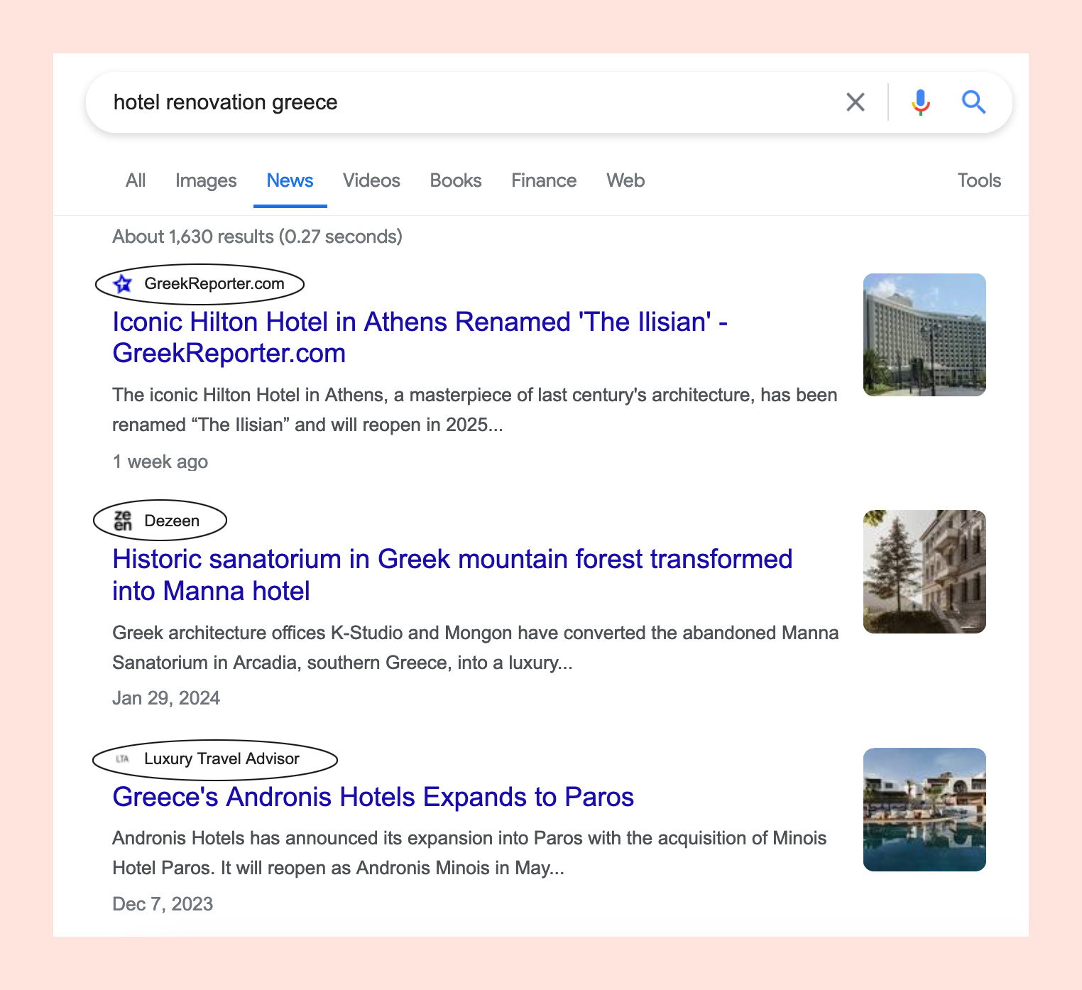 Screenshot of sites that write hotel news articles with backlinks