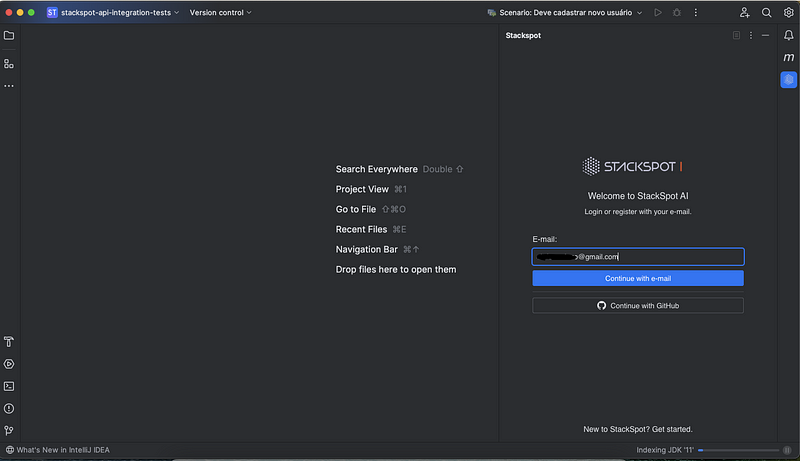 Imagem do artigo sobre Testes automatizados de API Rest com IDE IntelliJ com Plugin da StackSpot AI, onde na foto abeta temos a IDE, à direita o Plugin da StackSpot AI para com campo "Email" e os botões "Continue with e-mail" e "Continue with Github", onde usaremos e-mail da nossa conta Github e acionaremos botåo "Continue with Github" para realizarmos autenticação.