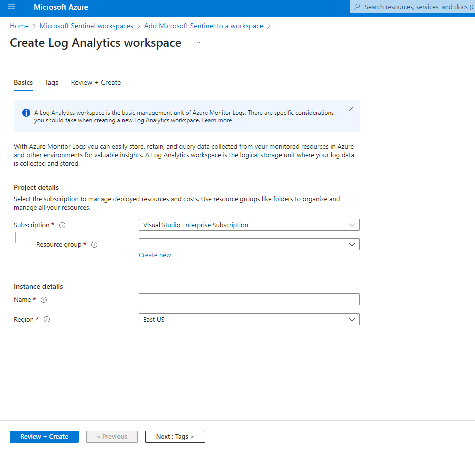 Create Log Analytics workspace