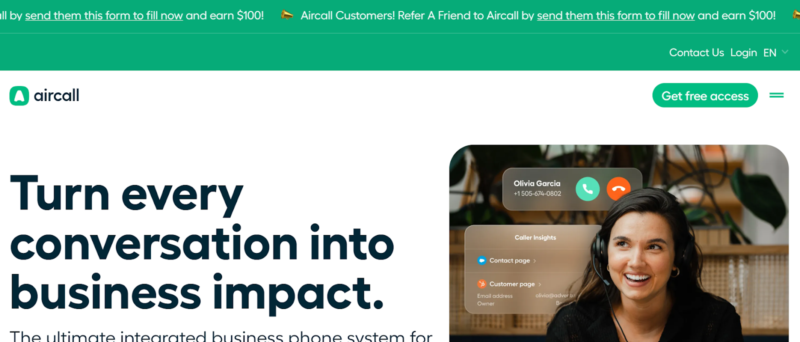 Aircall website snapshot highlighting the services it offers.