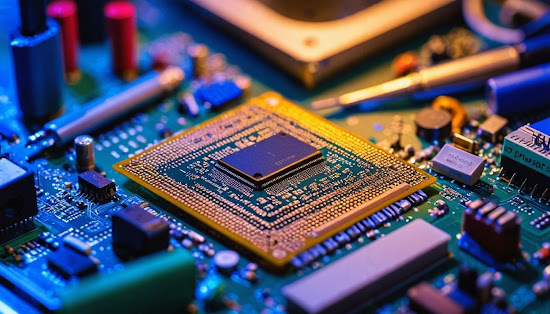 Close-up shot of an IC chip on a cluttered workspace.