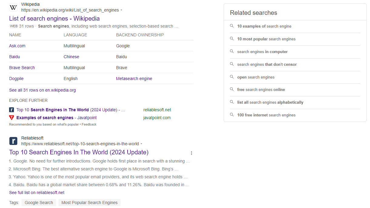 A screengrab of Bing's search engine results page. The screengrab showcases the related searches feature.