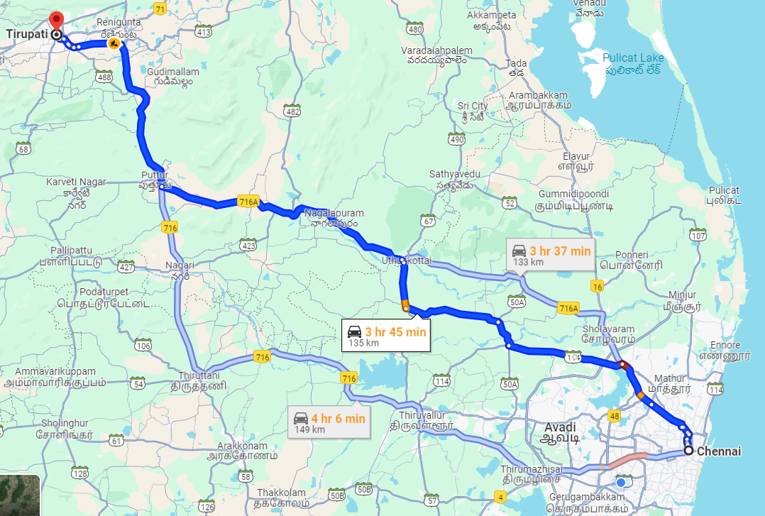 Chennai to Tirupati distance by car via Ammanambakkam