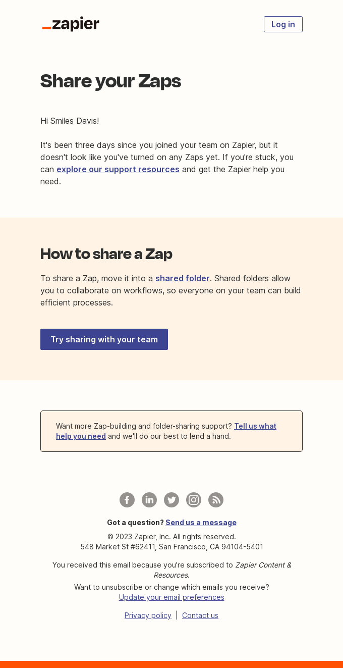 Activation email from Zapier reminding to share your zaps